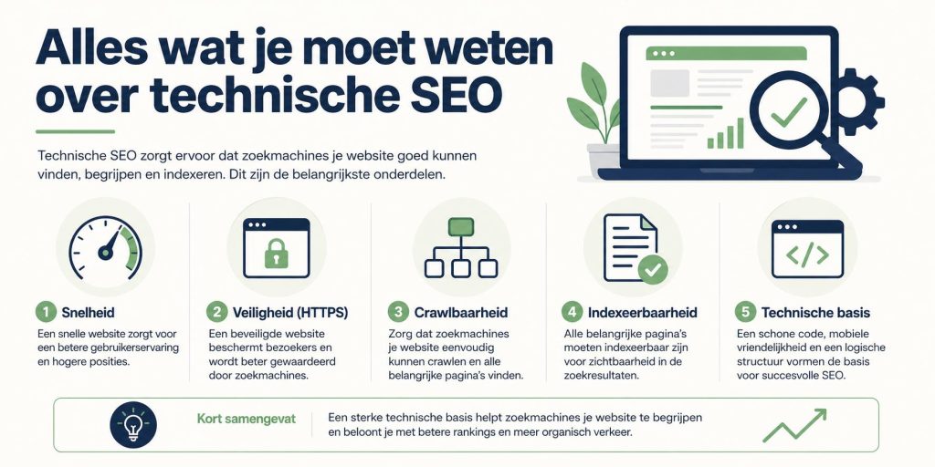 Infographic Alles wat je moet weten over technische SEO met onderwerpen als crawlen, snelheid en mobiele optimalisatie